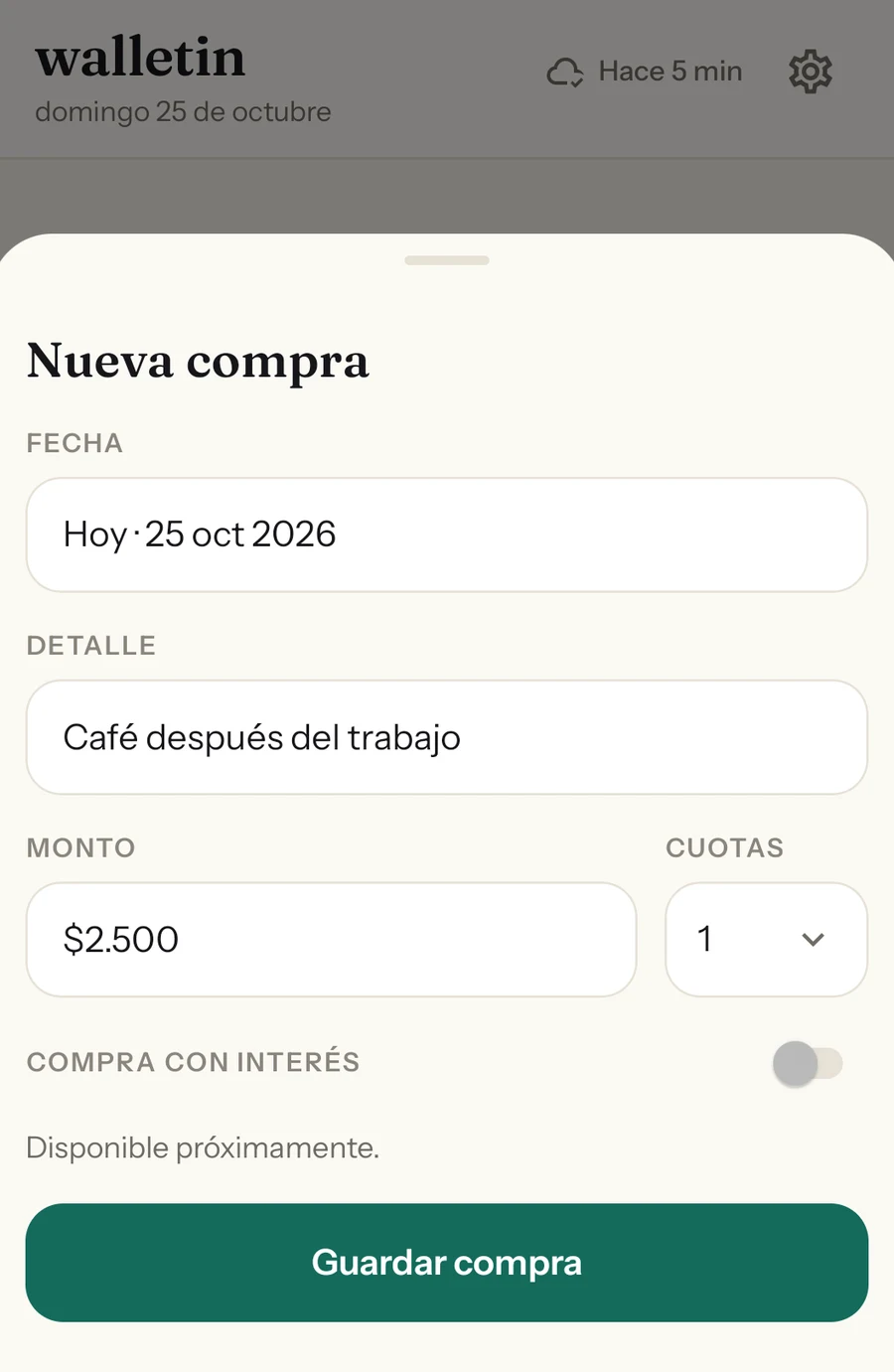 Panel «Nueva compra» con fecha, detalle, monto y cuotas, y el botón «Guardar compra».