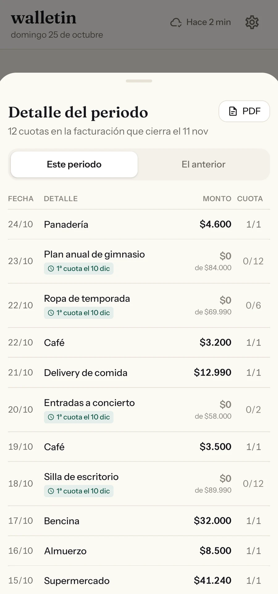 Detalle del periodo: cada compra con su cuota, y las de 12 y 6 cuotas en cuota 0 con la etiqueta «1ª cuota el 10 dic».